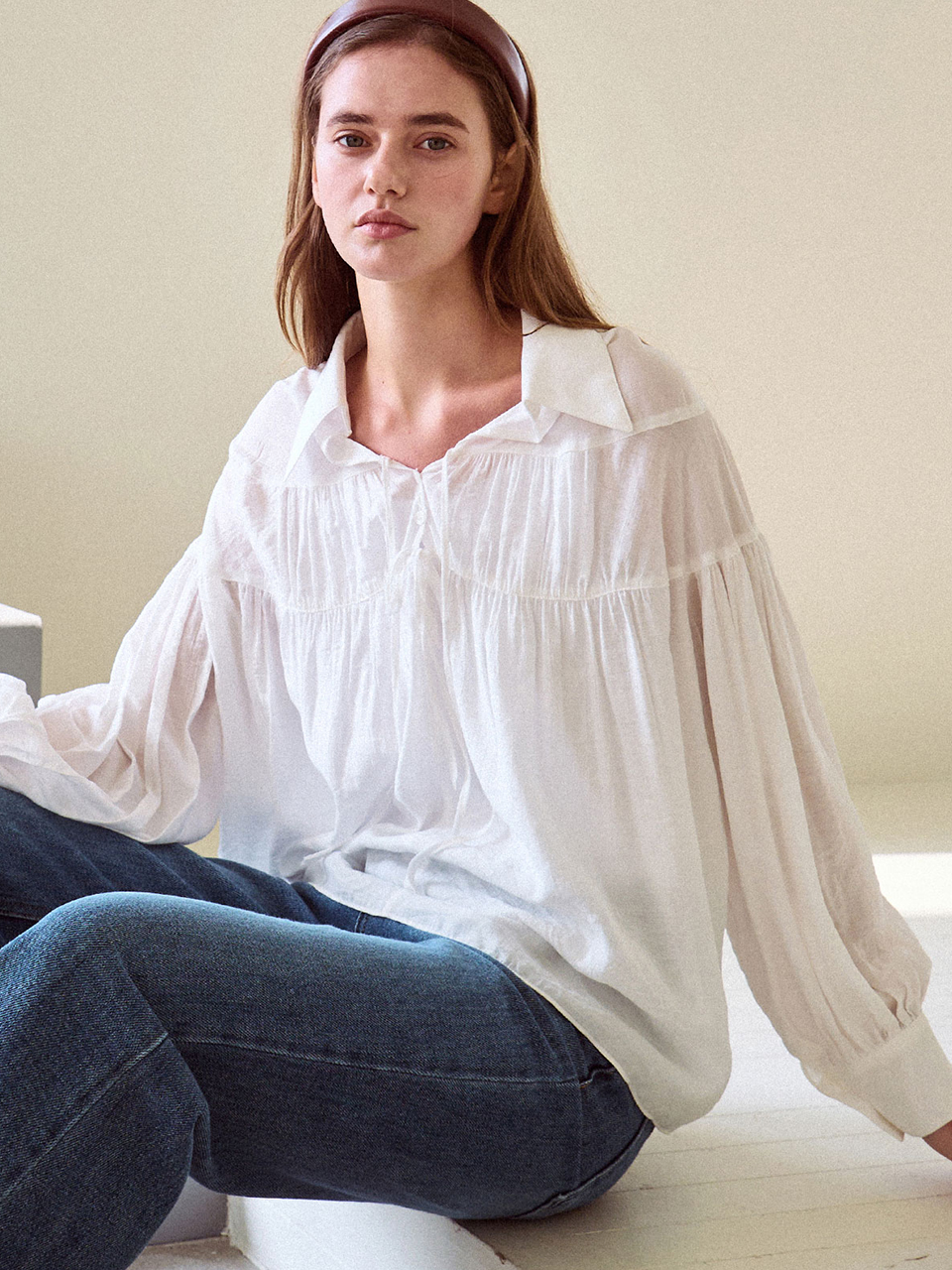 Ribbon tie shirring blouse_3 Colors