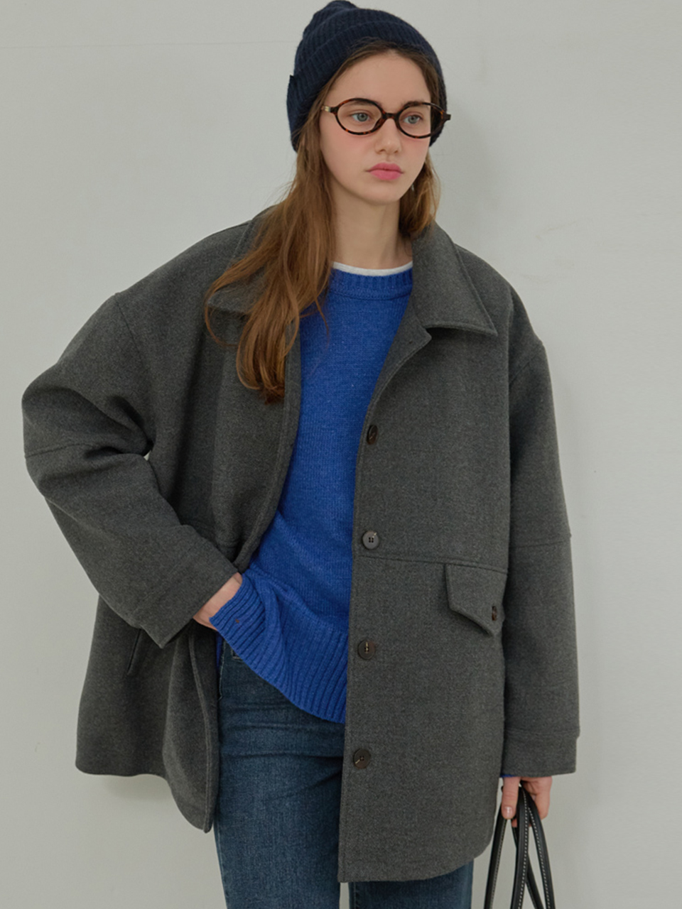 [Quilting ver.] Wool work half coat - Charcoal