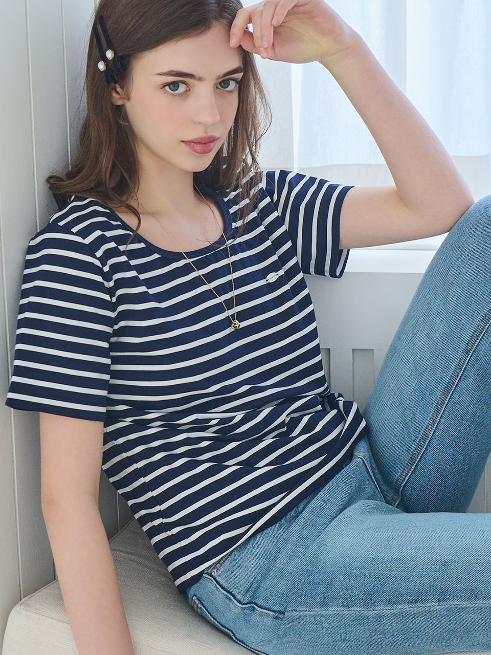 U neck stripe short sleeve t-shirt - Navy