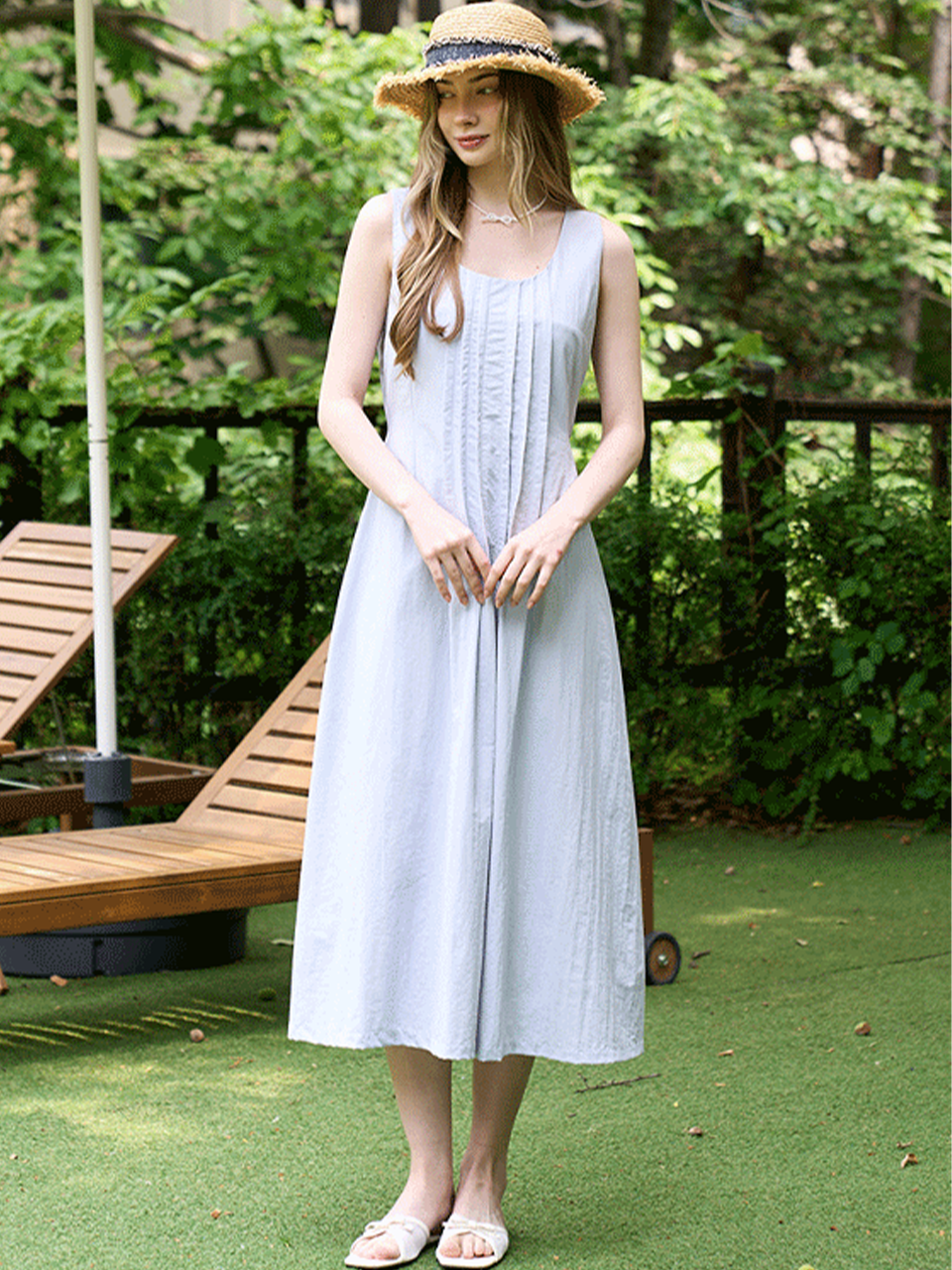 [Influencer PICK]] Pintuck long sleeveless dress - Sky blue