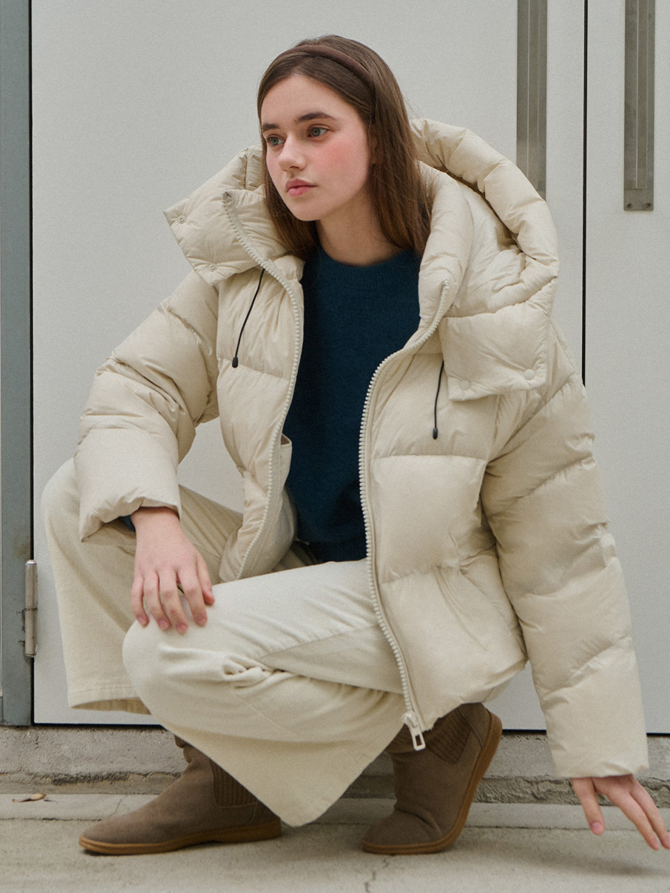 [Limited quantity] Duck down hood puffer - Ivory