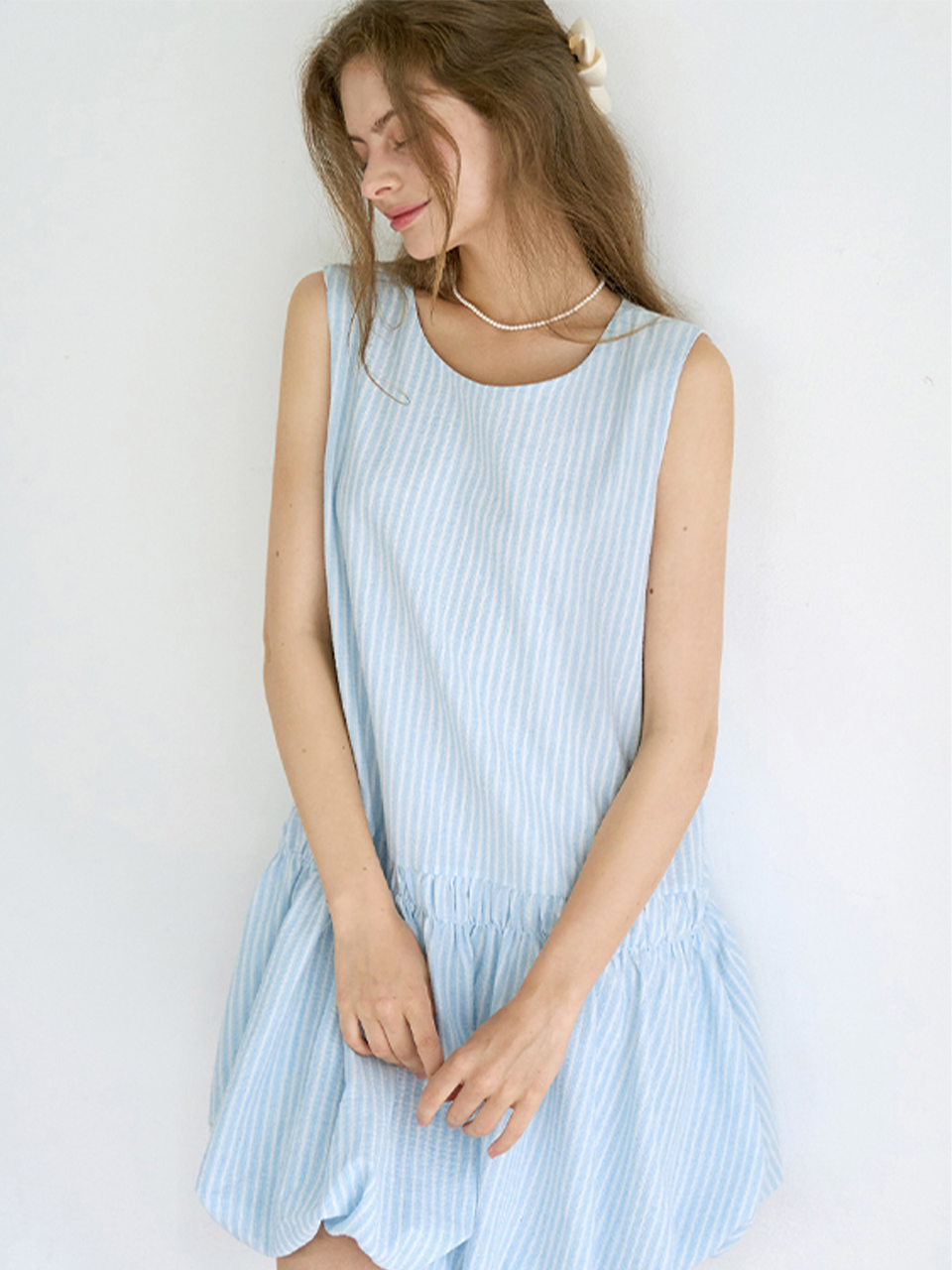 [10th reorder] Pumpkin puff stripe dress - Sky blue