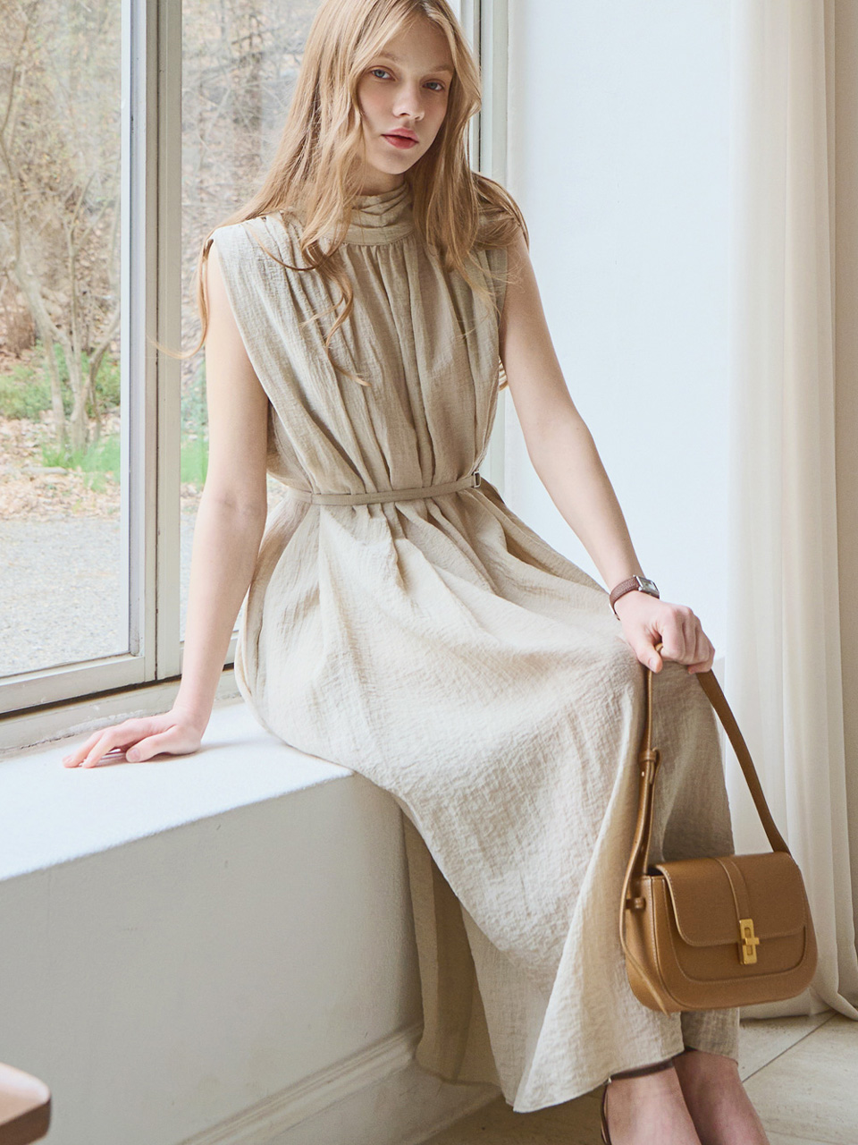 Half neck shirring sleeveless dress_2 Colors