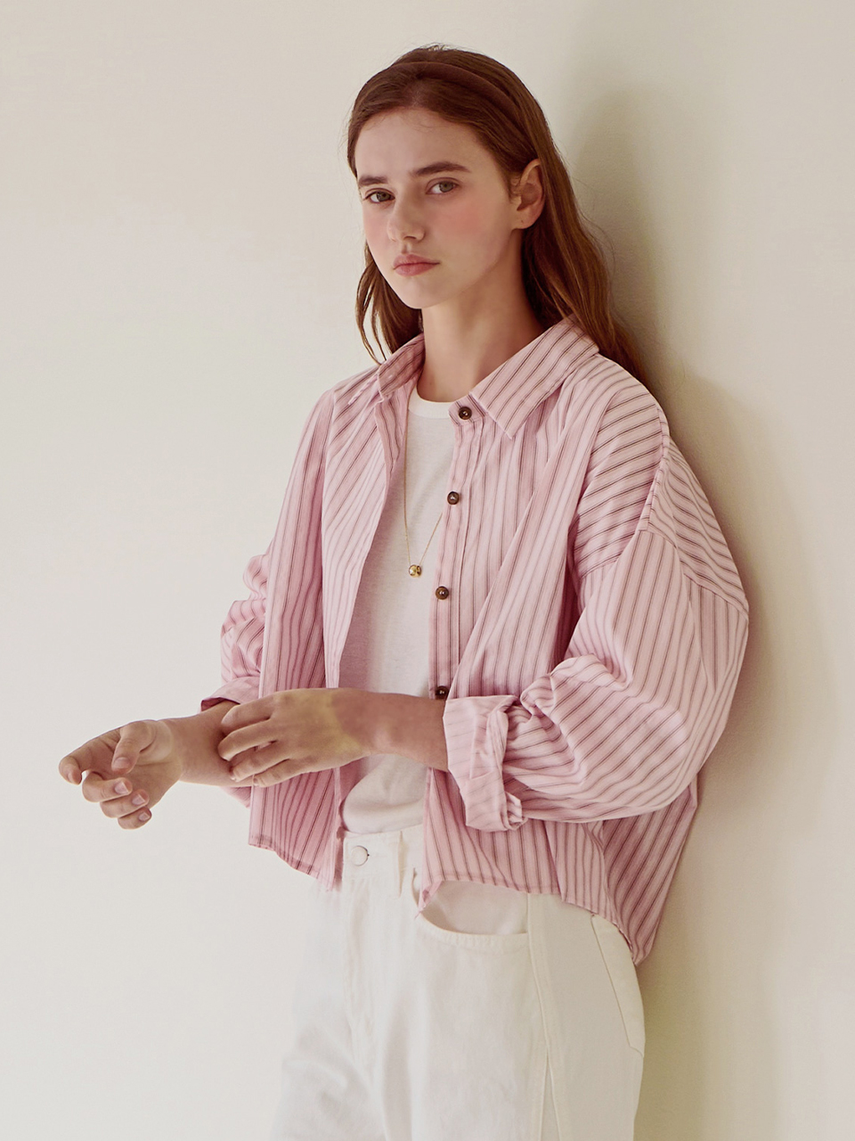 Stripe crop basic shirt - Pink