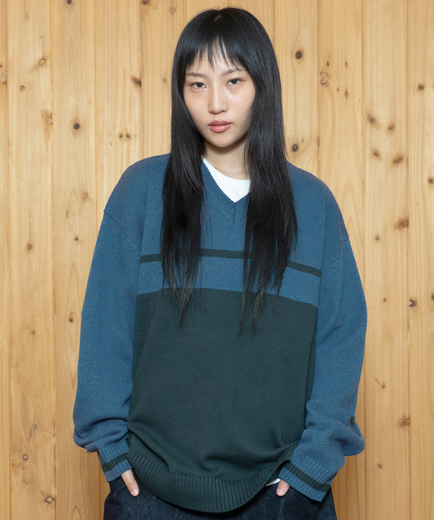 トップス K XTK175 Border V-Neck Pullover Knit (BLUE) | ファッション通販