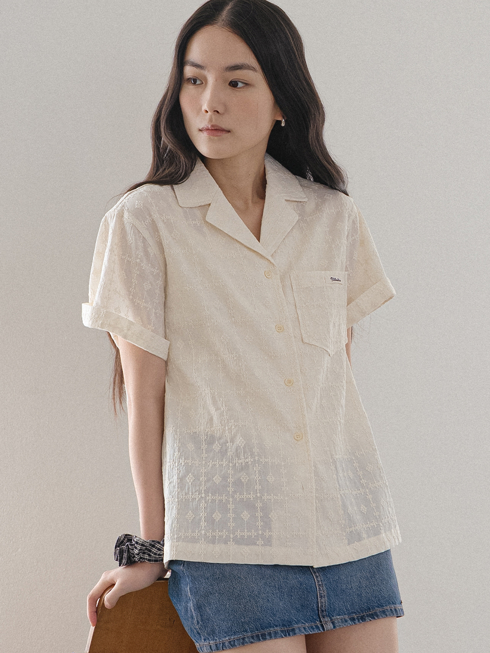 Embroidered cotton half shirt [TISU05SH07]_Cream | ファッション