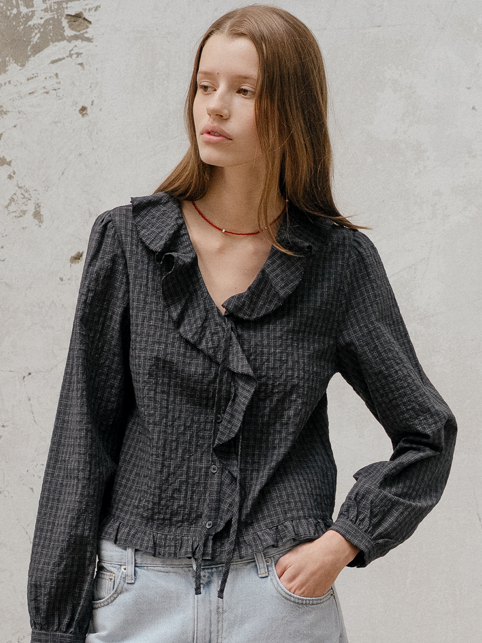 Ruffle check tied blouse [TISP06BL12]_Black