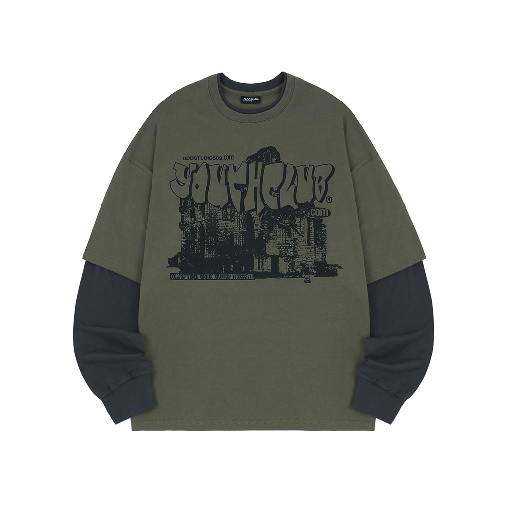 [K-POPアイドル着用] Youth Club Graphic Layered Oversized Fit Long Sleeve - khaki