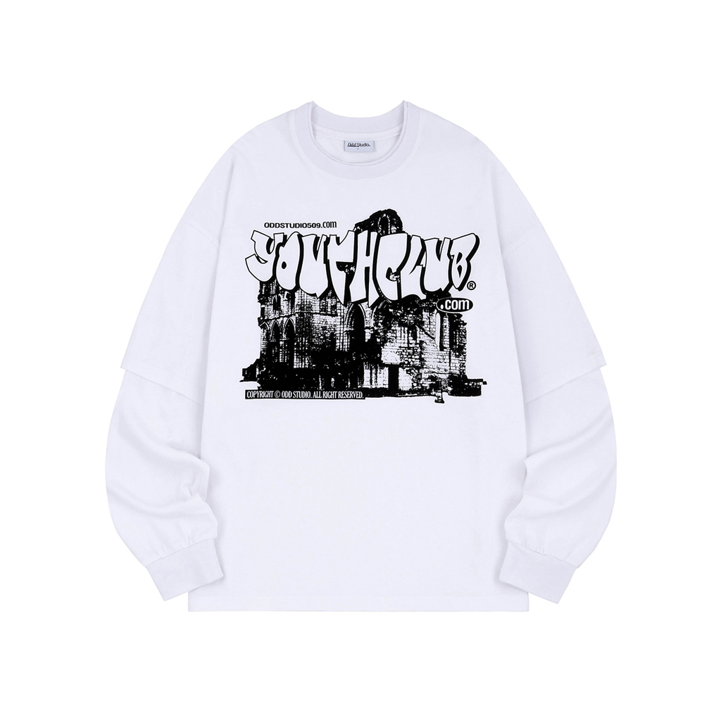 [K-POPアイドル着用] Youth Club Graphic Layered Oversized Fit Long Sleeve - white