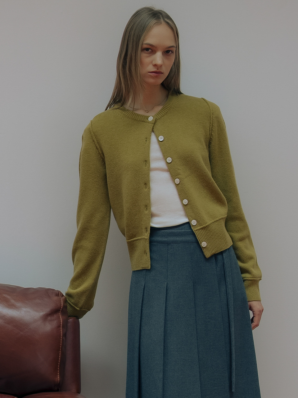 Wool blended line detail cardigan TIWT01CD01_Olive