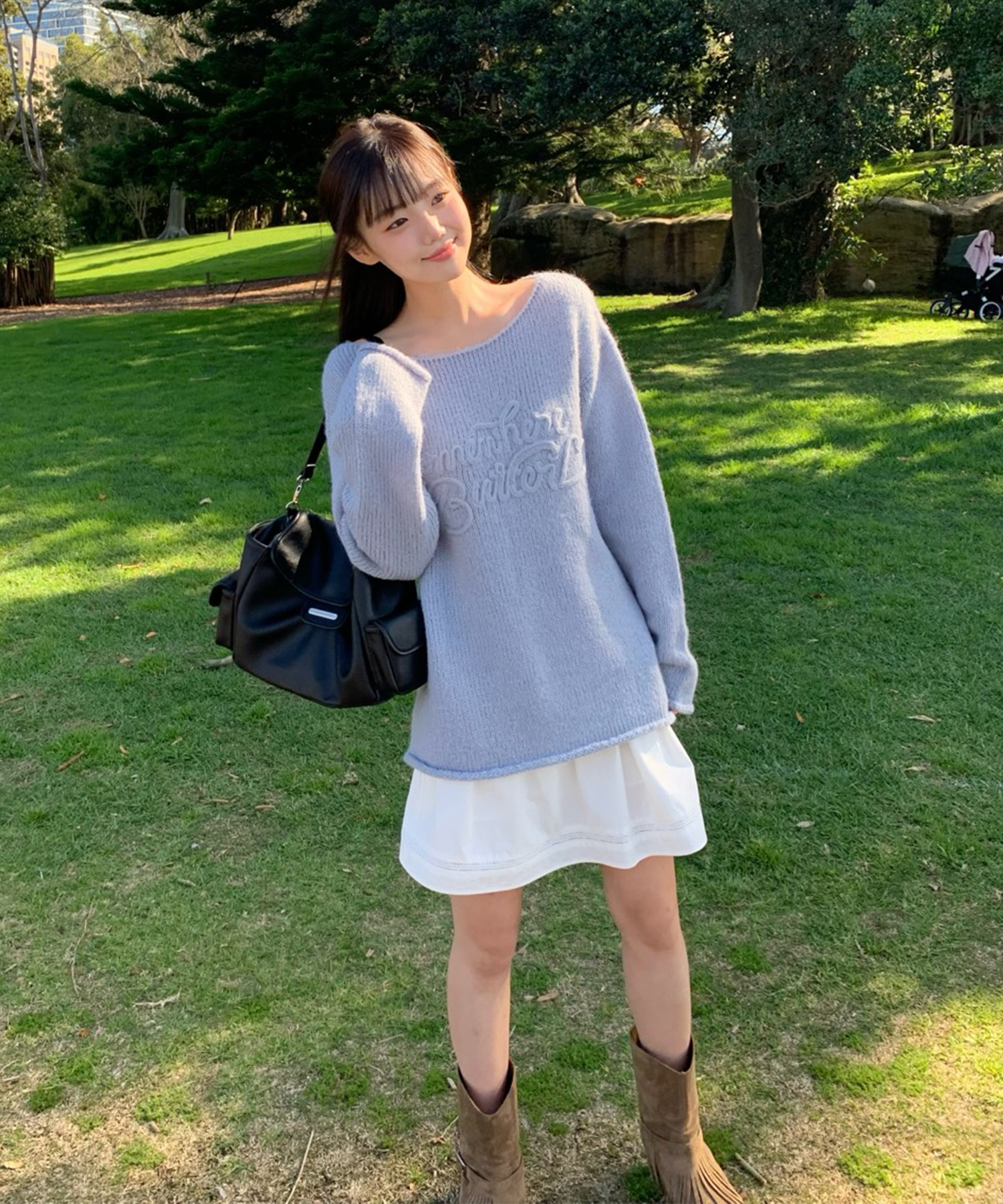 Mohair Letter Long Sleeve Knit-light blue