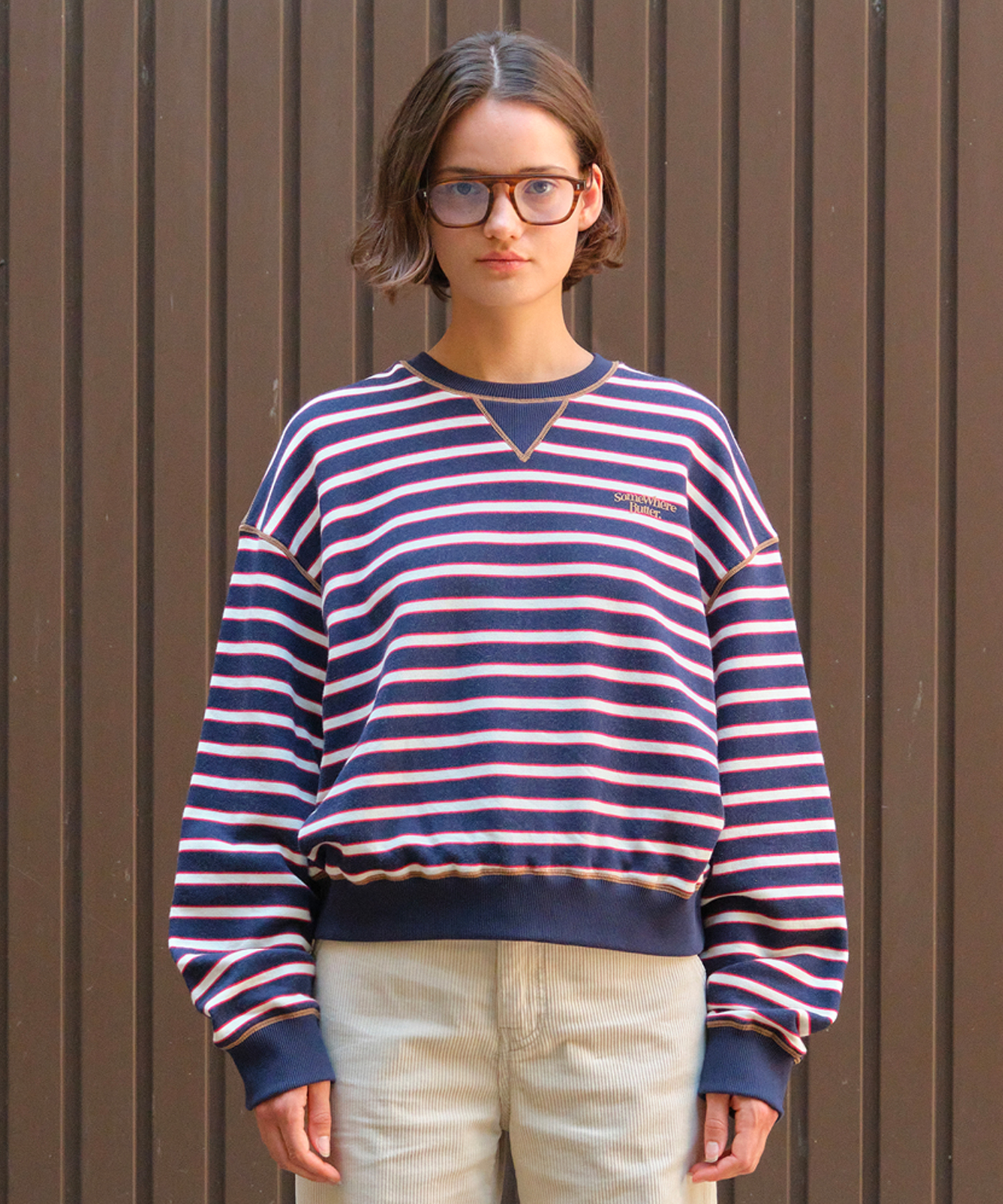 Small Wave Logo Stripe Sweatshirt - Navy