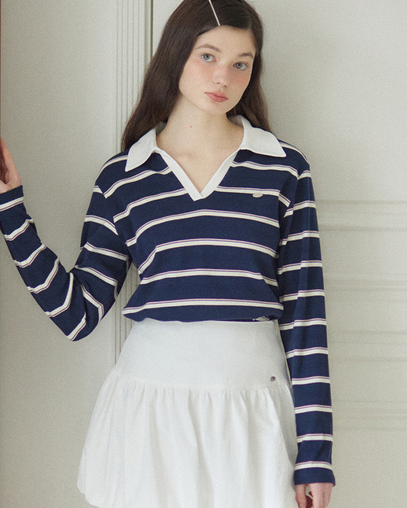 Stripe Open Collar Long-Sleeve T-shirt - Navy