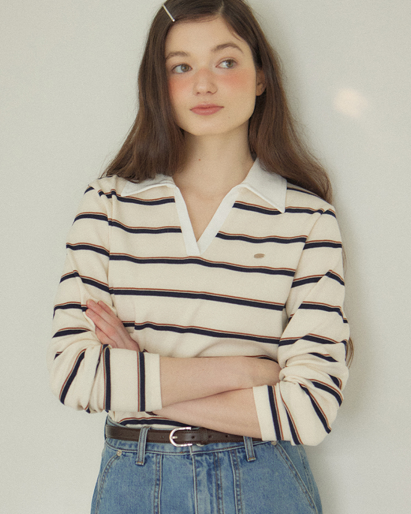 Stripe Open Collar Long-Sleeve T-shirt - Ivory