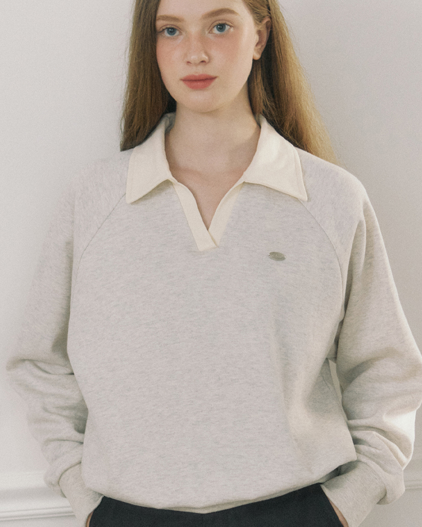 Pique Open Collar Sweatshirt - Oatmeal