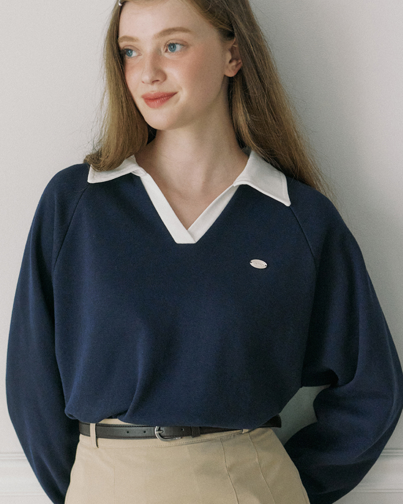 Pique Open Collar Sweatshirt - Navy