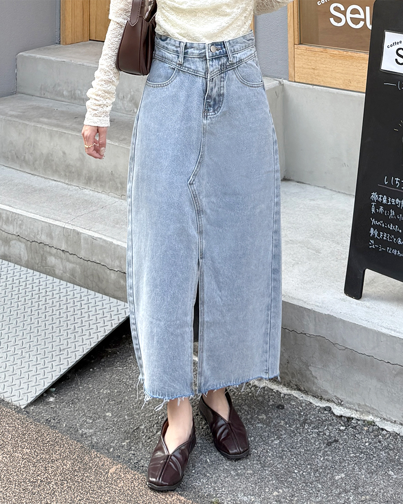 美品✨ヤヌーク　フロントスリットスカート　グレー　グレー　XS フロントスリットスリムフィットデニムロングスカート