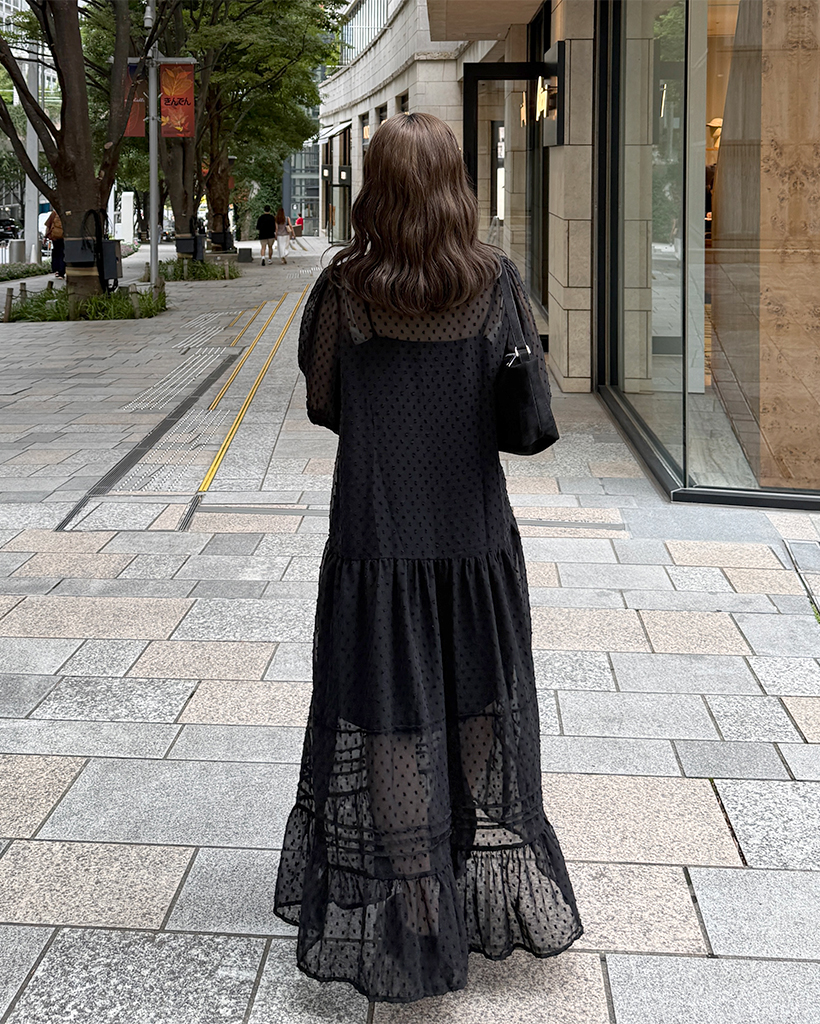 Tanday 雨のリュウグウ 海雨　ロングワンピース　レース　タック ドットレースシースルーロングワンピース | ファッション通販