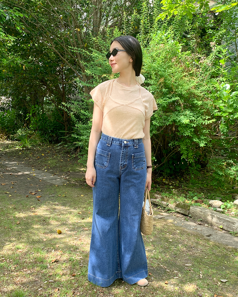 アウトポケットステッチブーツカットワイドデニムパンツ