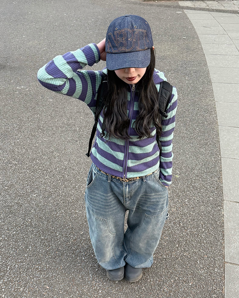 リブボーダーフードジップパーカー