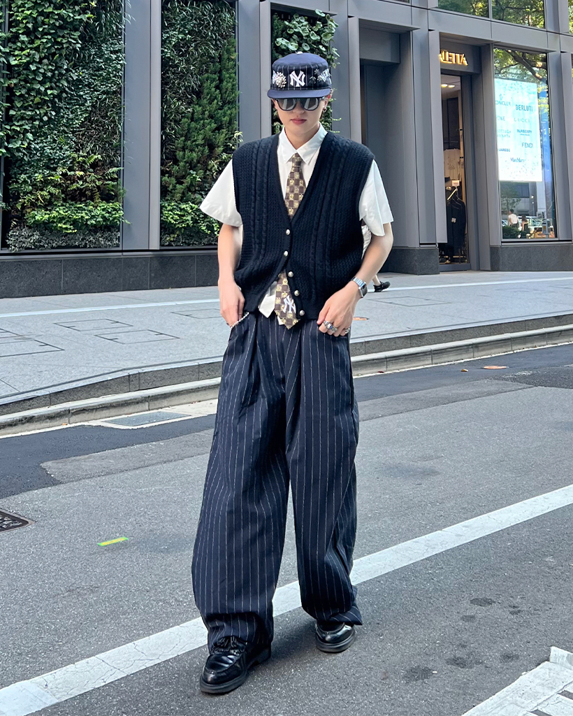 ユニセックス)ワイドフィットリネンストライプパンツ | ファッション