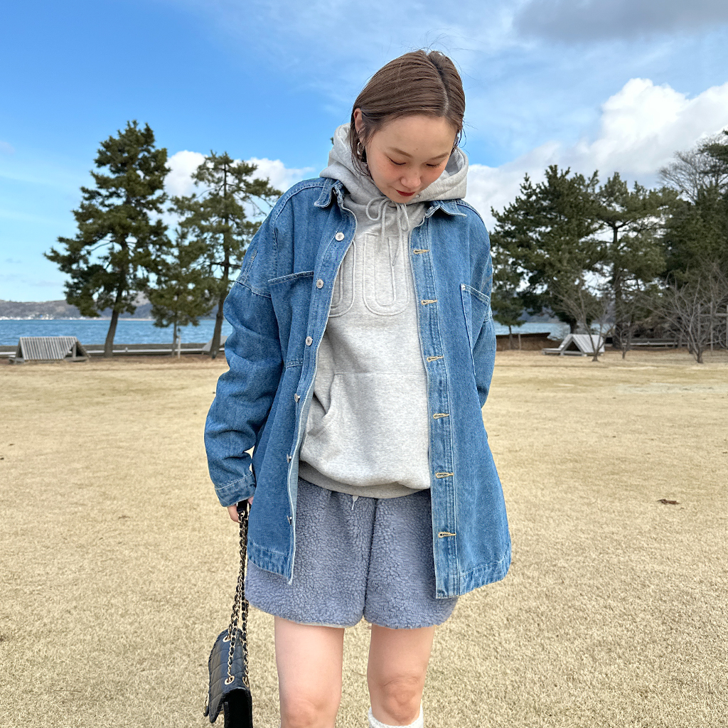 ユニ　春ジャケット　シャツ ユニセックス)デニムフードシャツジャケット | ファッション通販