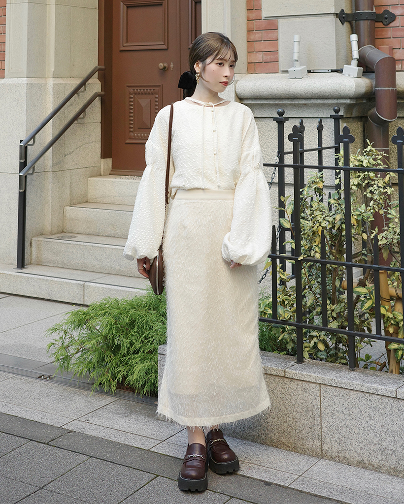 ORIGINAL) フリンジトゥインクルボタンロングスカート