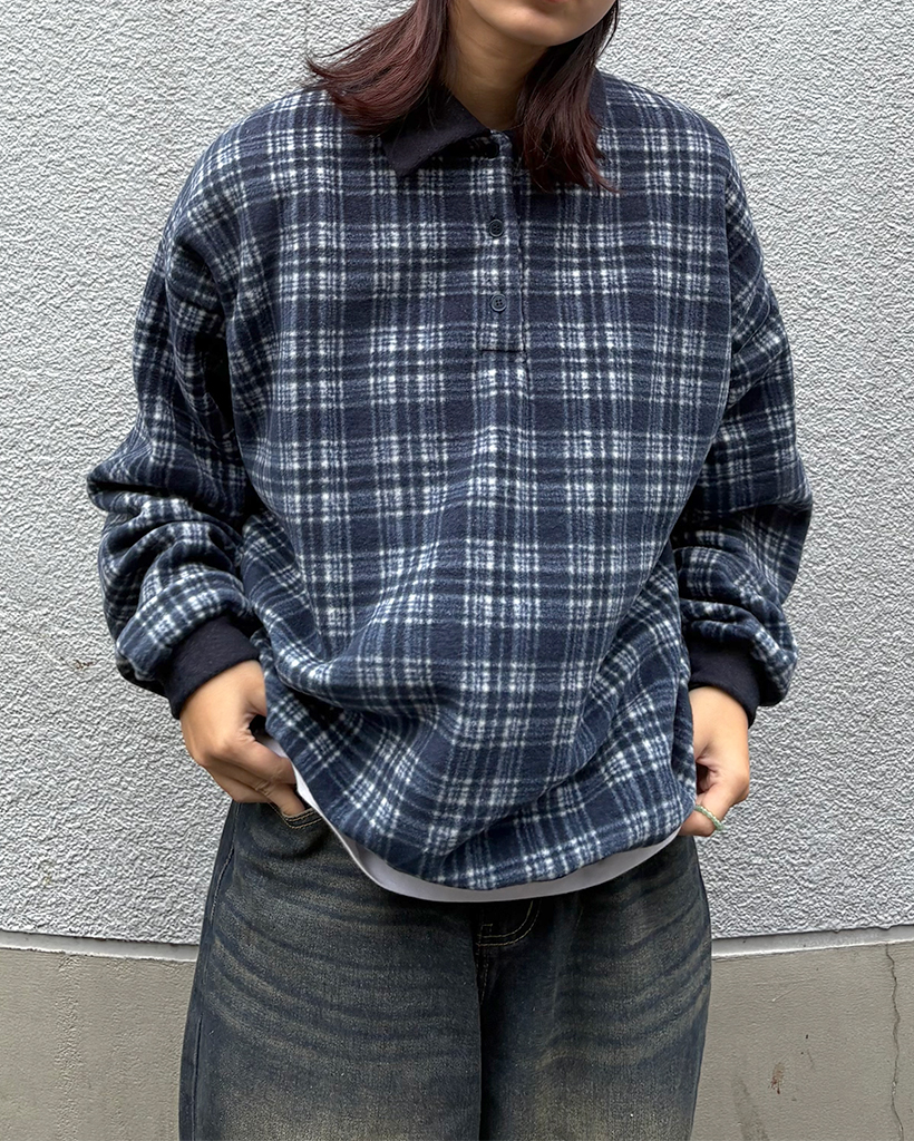 ユニセックス)カラーハーフジップチェック スウェット | ファッション