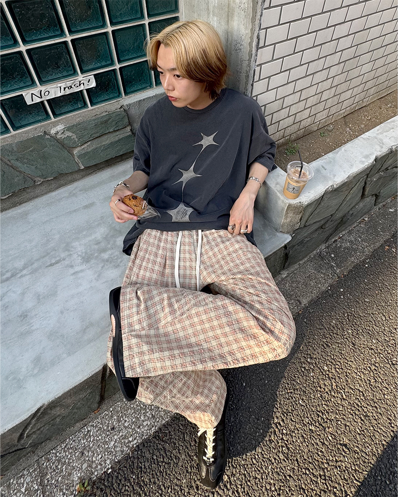 ユニセックス)カラーチェックパターンワイドパンツ