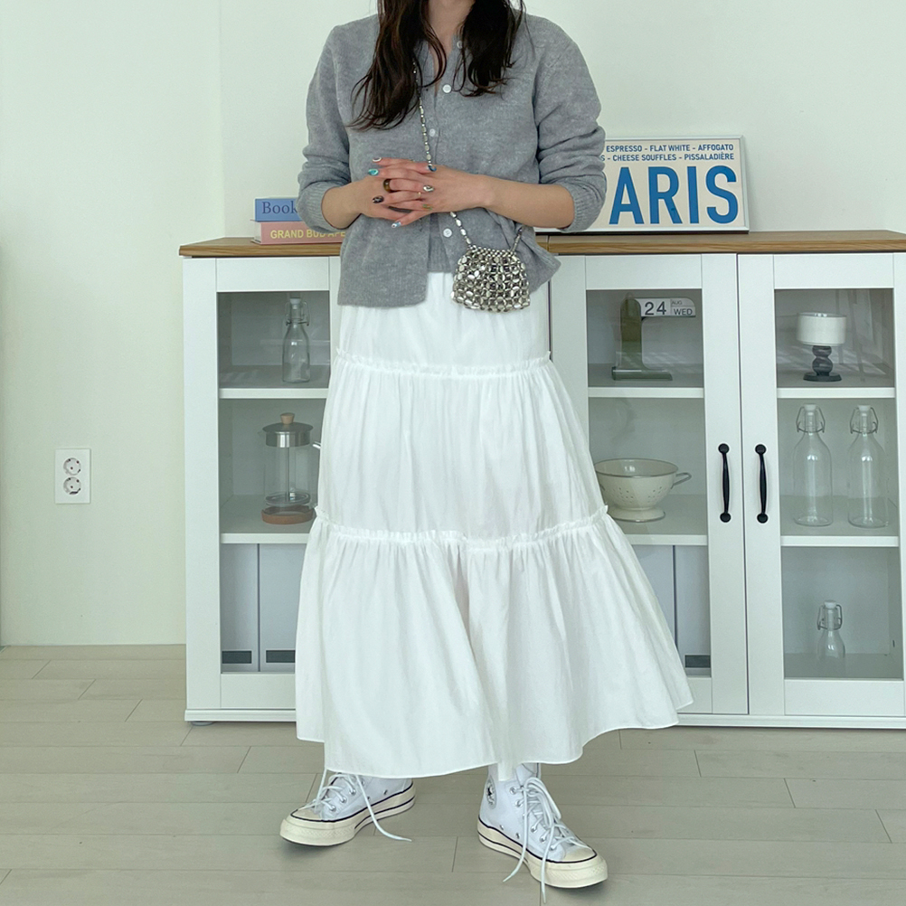 メタル 無地 フリル Aラインスカート ロング M32501 yuumiさんコラボ】チュールフリルIラインスカート