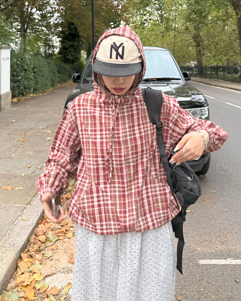 ユニセックス)ツーウェイチェックフードウィンドブレーカー