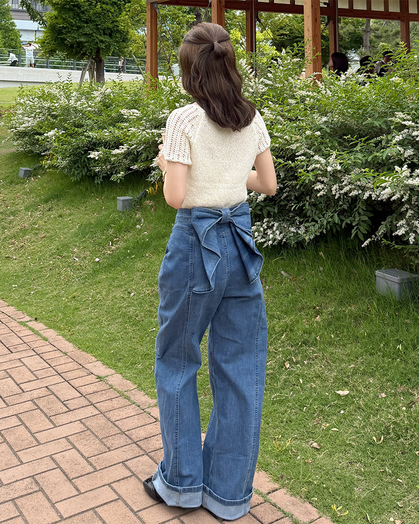 NUGU 韓国　バックリボン付きデニム　ワイドパンツ NUGU 韓国 バックリボン付きデニム ワイドパンツ - メルカリ