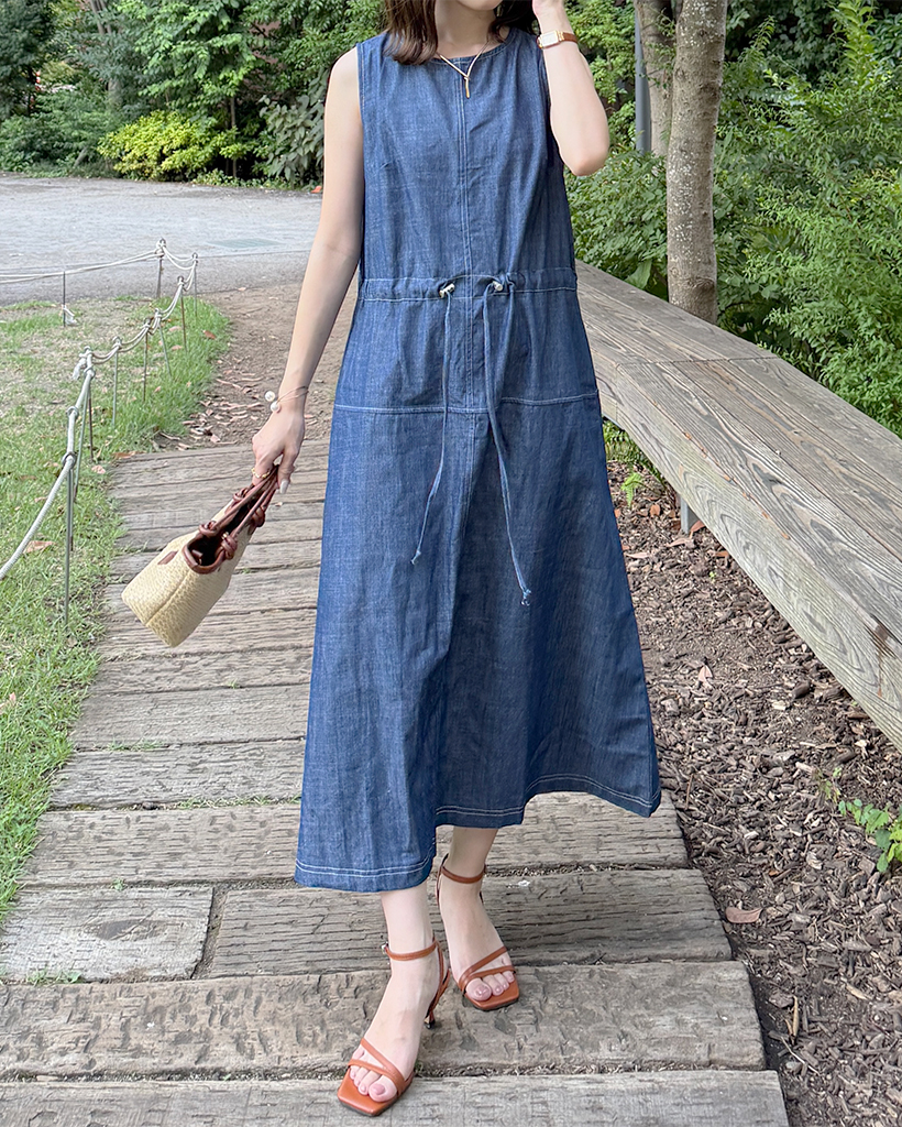 【SINME】ライトデニム ロングワンピース SINME】ライトデニム ロングワンピース デニムストリングスリーブレス