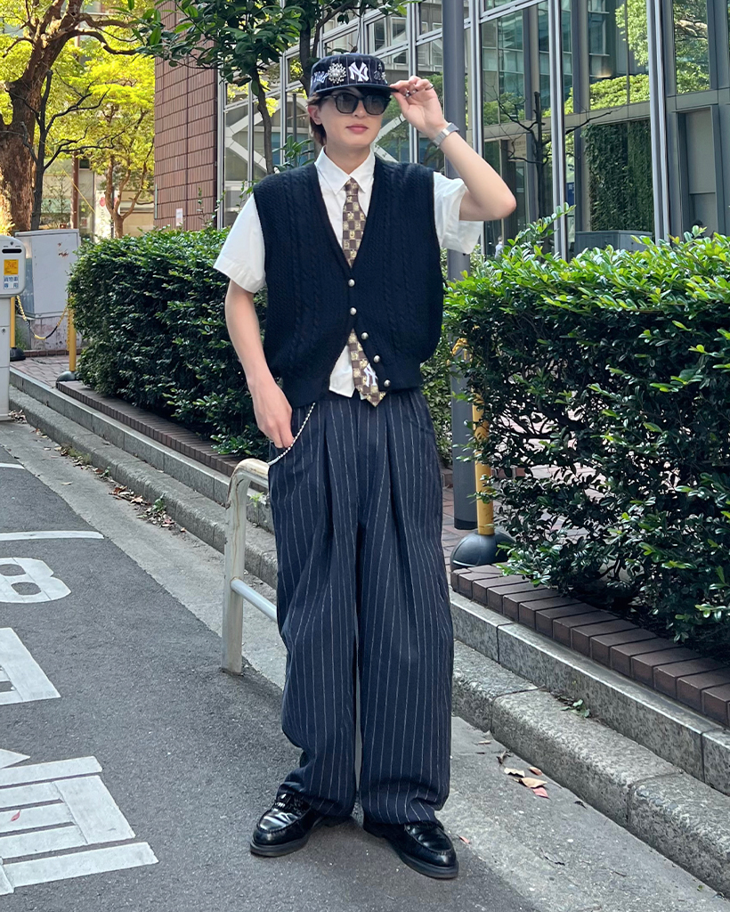 ユニセックス)ワイドフィットリネンストライプパンツ