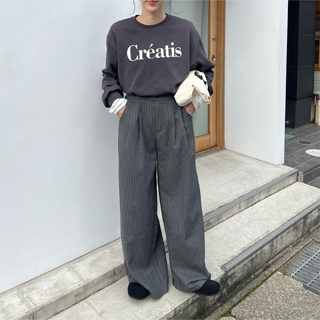 cafissi / BECOストライプワイドスラックス　ネイビー　L cafissi / BECOストライプワイドスラックス ネイビー L