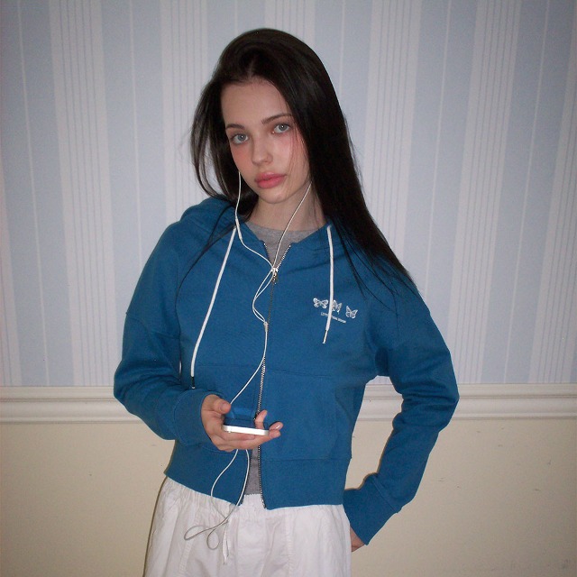 Triple Butterfly Embroidered Two-way Hood Zip up ( Blue