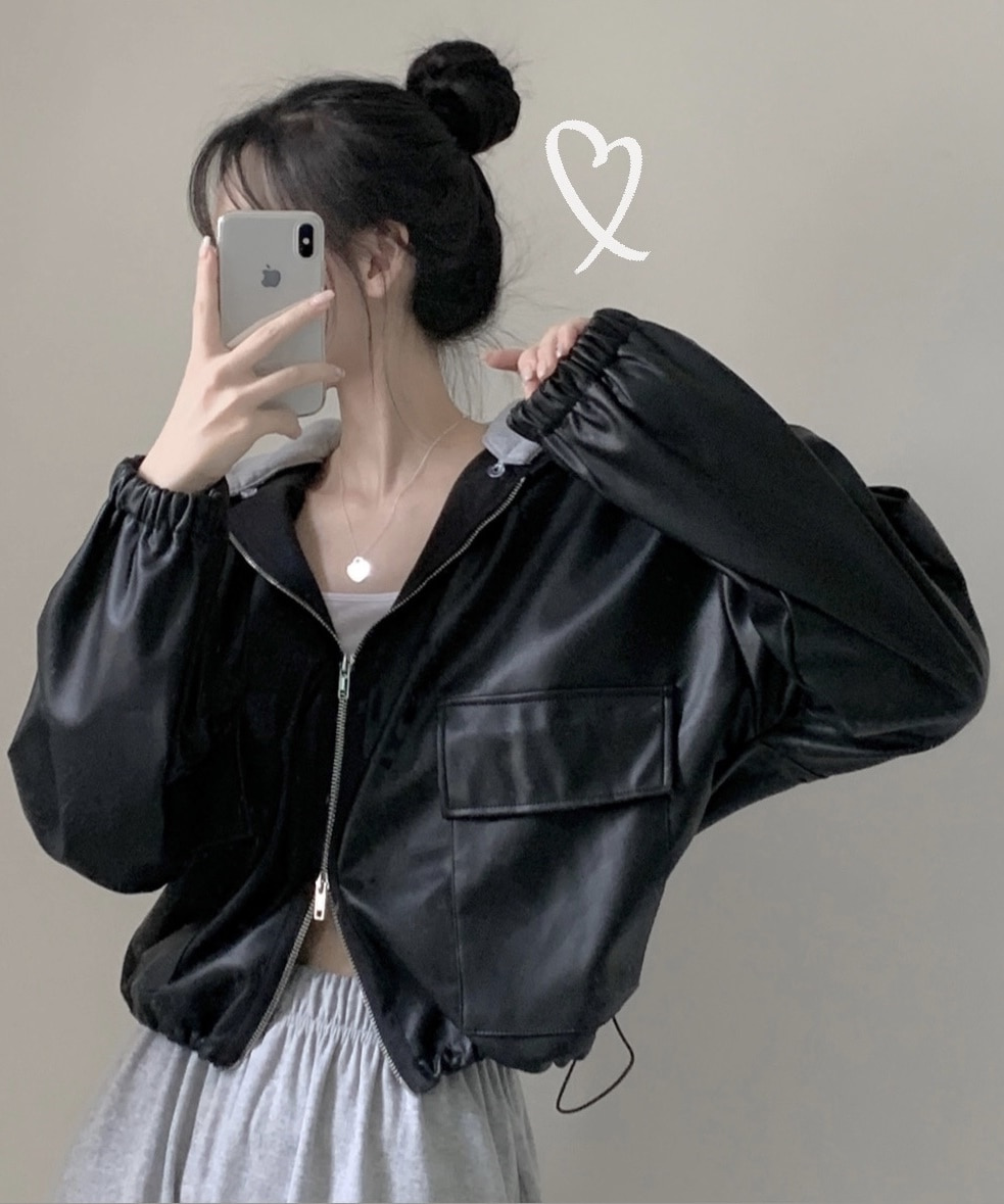 2WAYオーバーサイズフード付きレザージャケット | ファッション通販