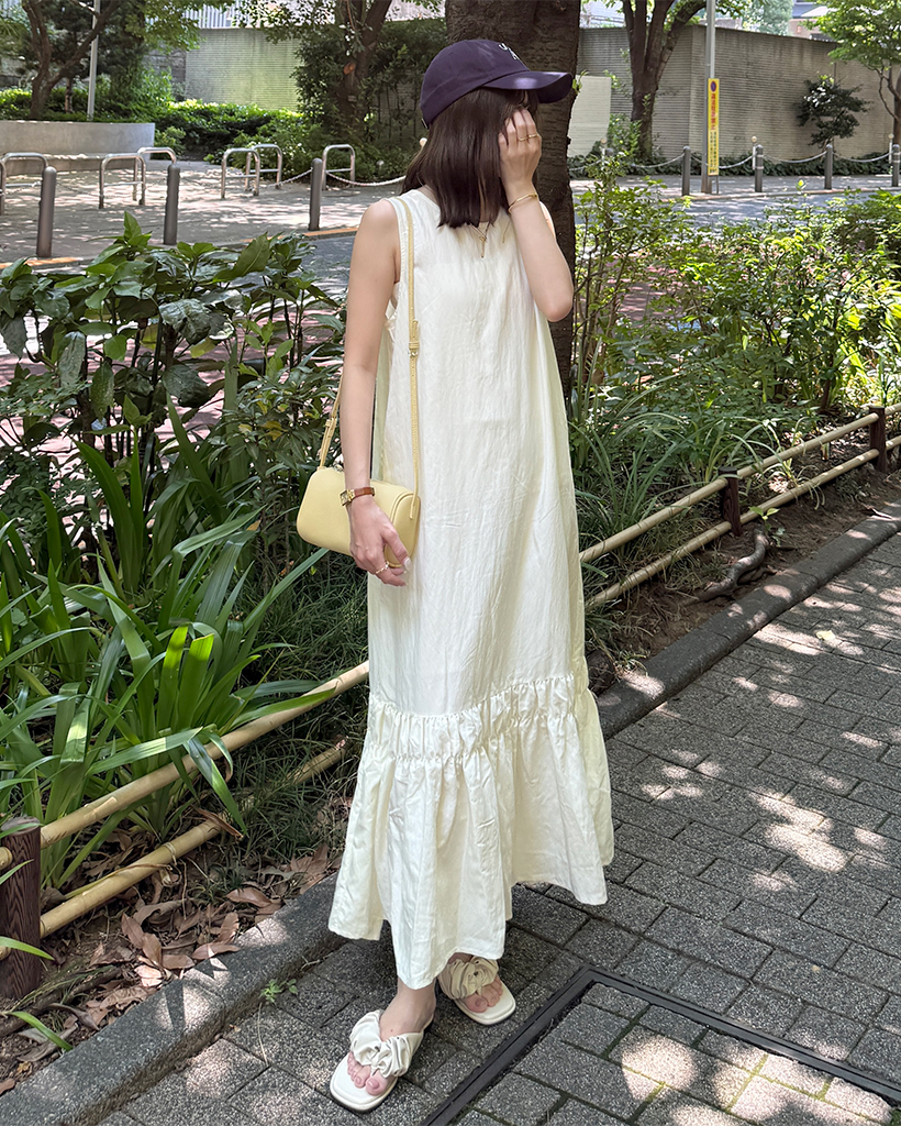 CHICWISH★シャーリングウエストノースリーブワンピース 3色☆ コットンブロード シャーリング ワンピース レディース ロング