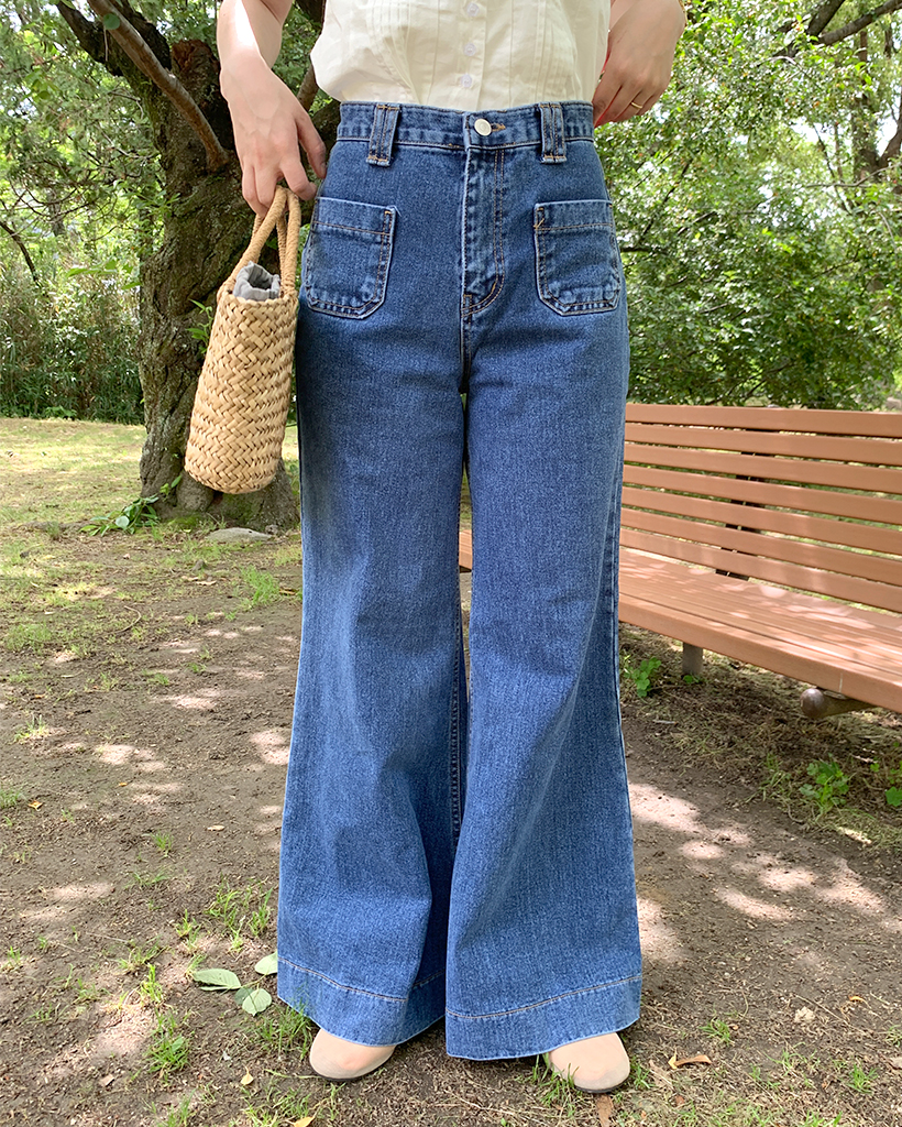 アウトポケットステッチブーツカットワイドデニムパンツ