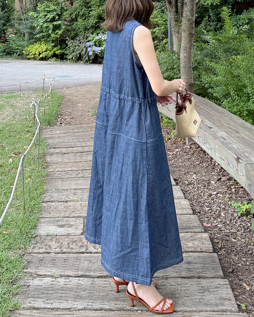 デニムストリングスリーブレスロングワンピース | ファッション通販