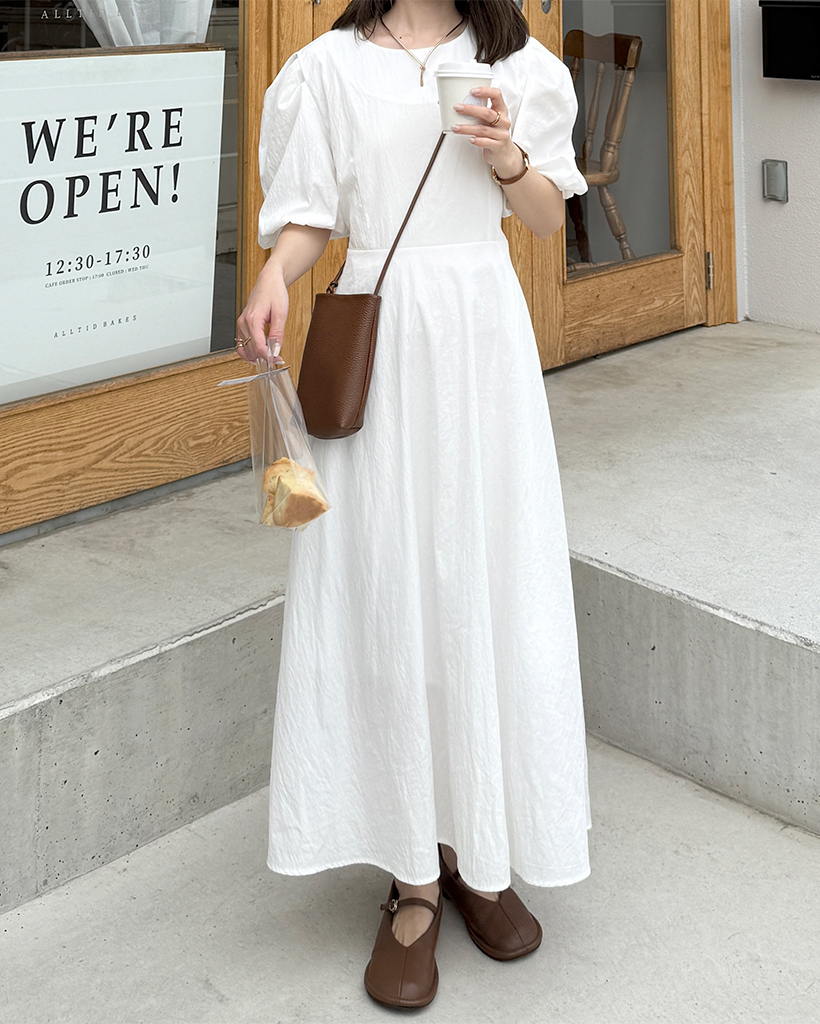 ラウンドネックパフロングワンピース | ファッション通販サイト NUGU