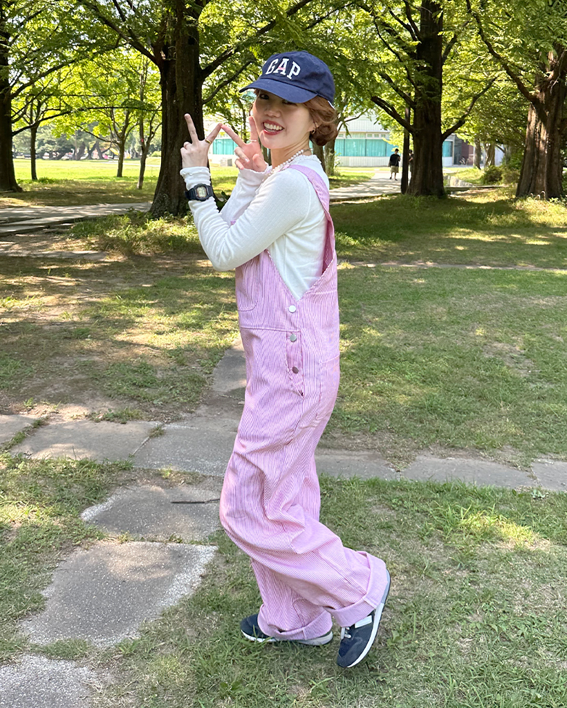 ラベルポイント付きストライプオーバーオール | ファッション通販