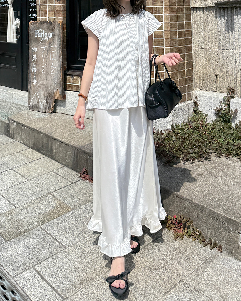 THE SIMPLE FOLK 吊りスカート サテンフリルロングスカート | ファッション通販サイト NUGU