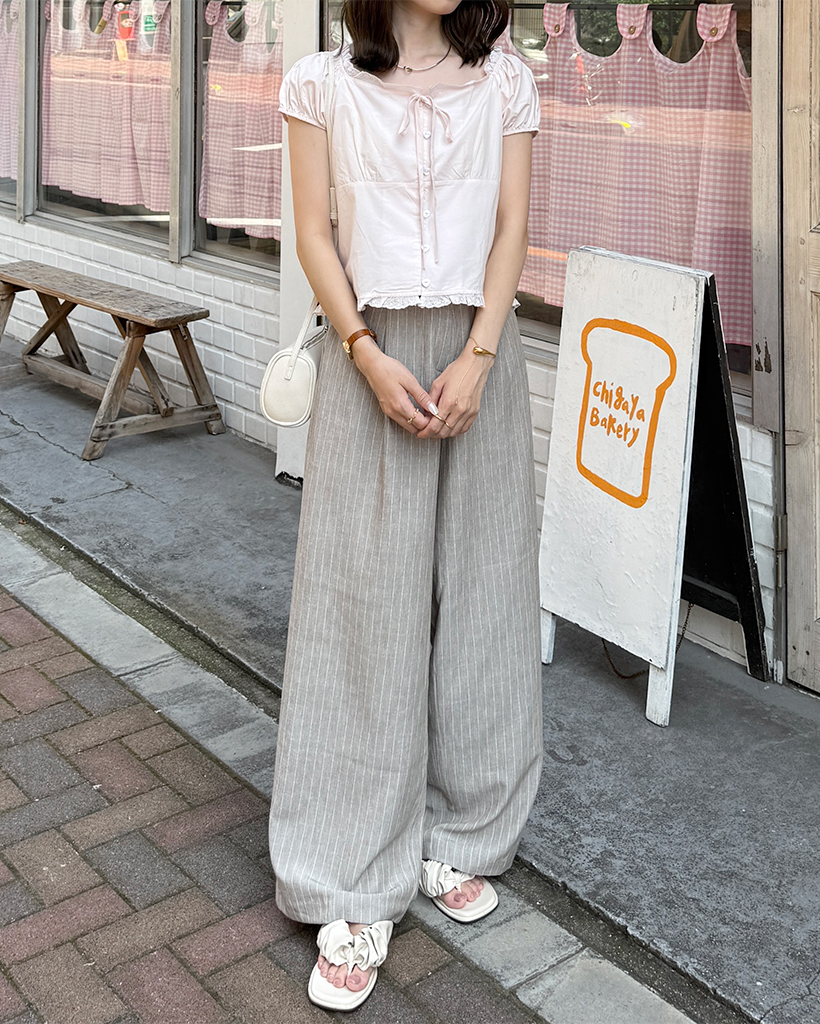 ストライプパンツ ワイドパンツ ワイドスラックス y2k PUBLIC TOKYO スラックス クロス2タックストライプワイドパンツ