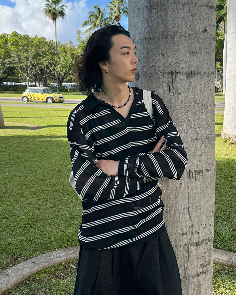 ユニセックス)オープンカラーボーダーニット | ファッション通販