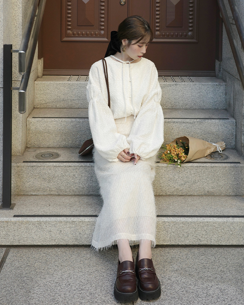 ORIGINAL) フリンジトゥインクルボタンロングスカート