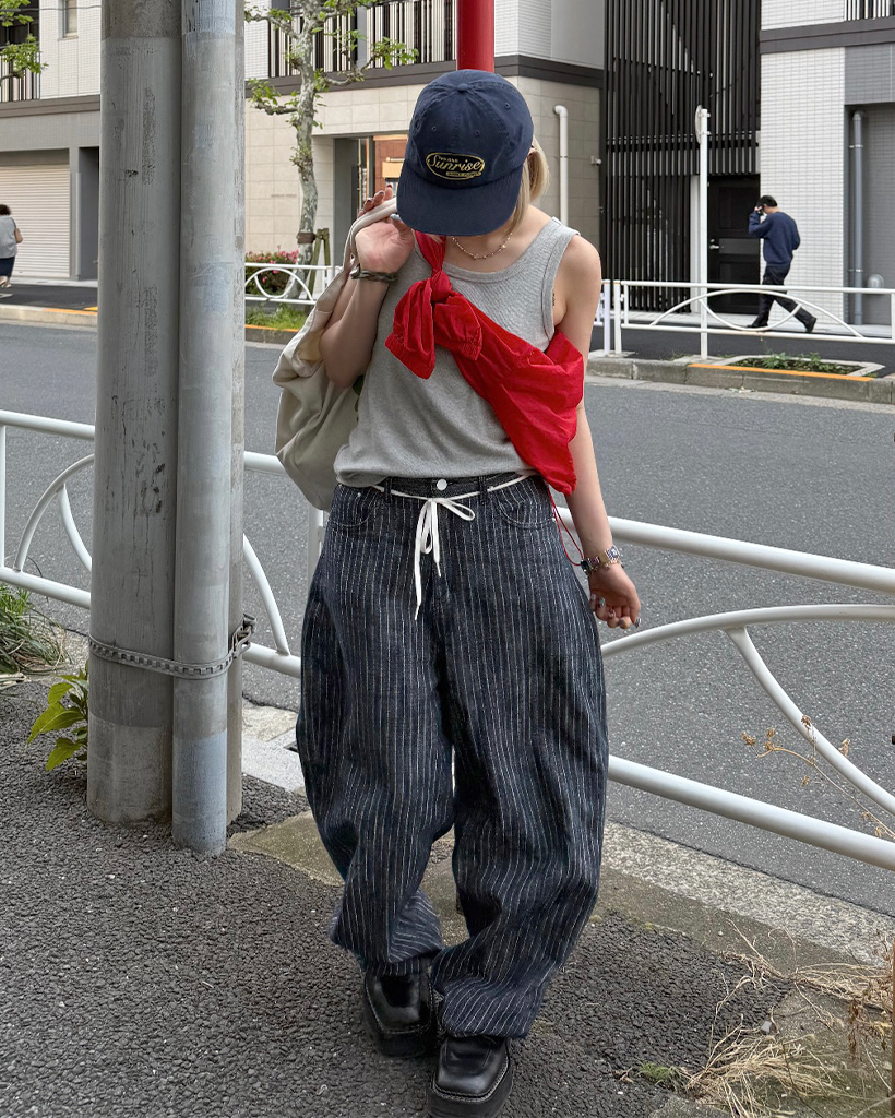 デニム パンツ レディース ストライプ柄 2タック テーパード