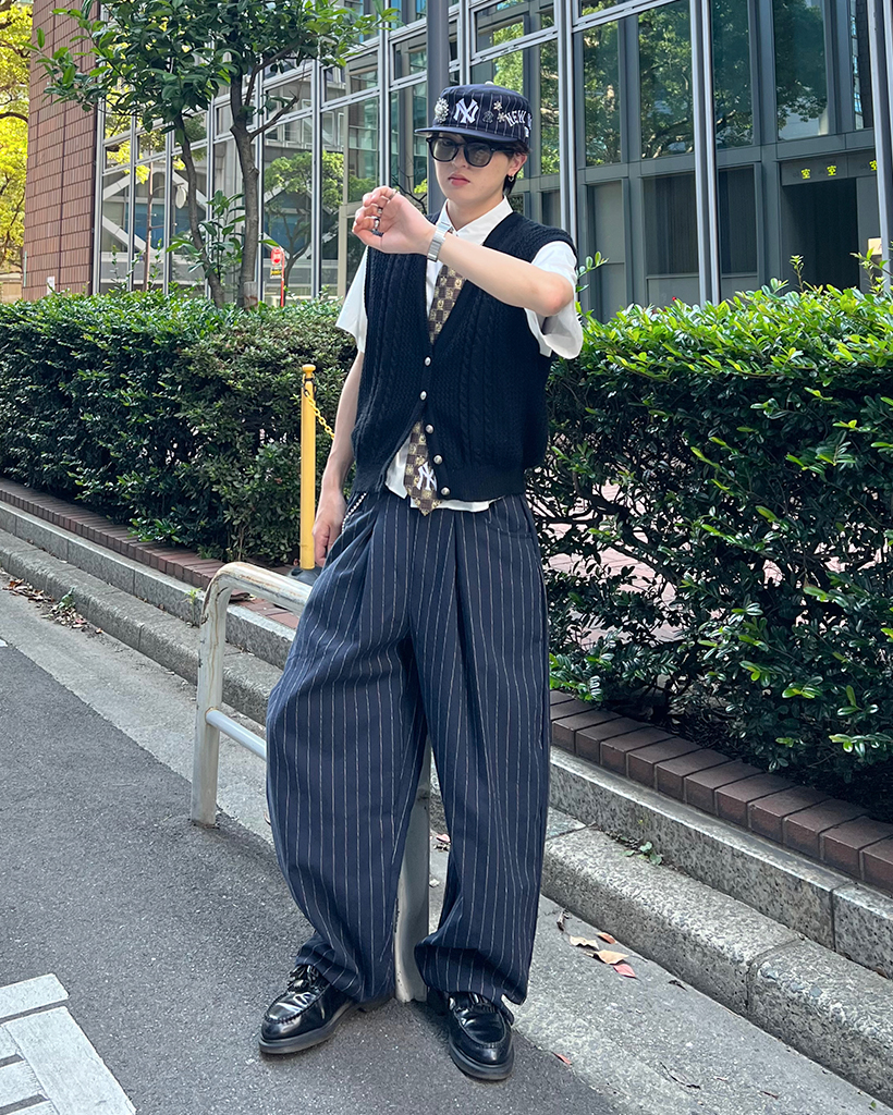 ユニセックス)ワイドフィットリネンストライプパンツ