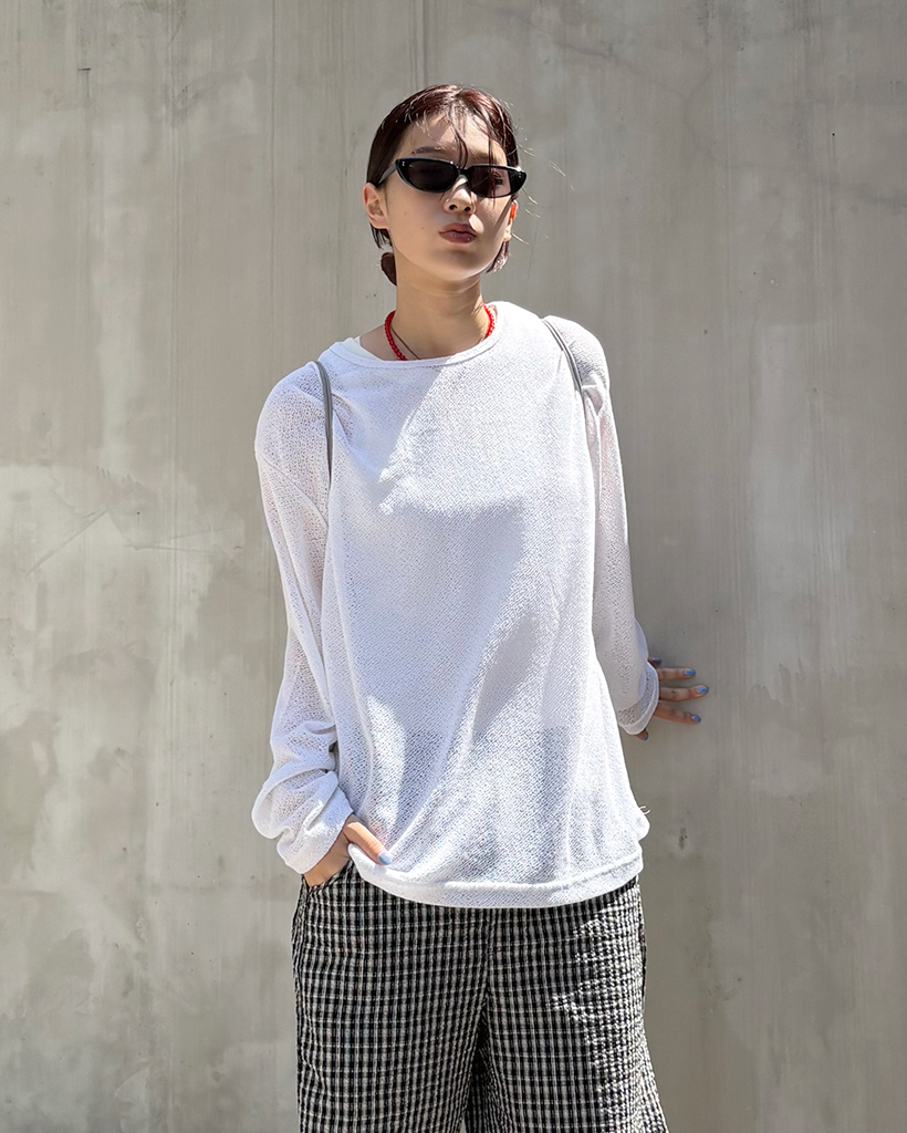 ユニセックス)ルーズフィットシースルー長袖Tシャツ