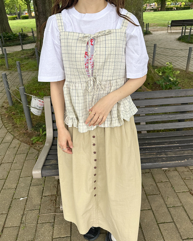 FOURFORTY リボン付きベージュビスチェ２点セット フロントリボンストラップフリルチェックビスチェ | ファッション通販